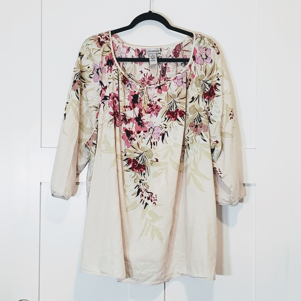 Catherine's Linen & Cotton Tunic Size 2X  22/24W Ivory Green Pink Flowers